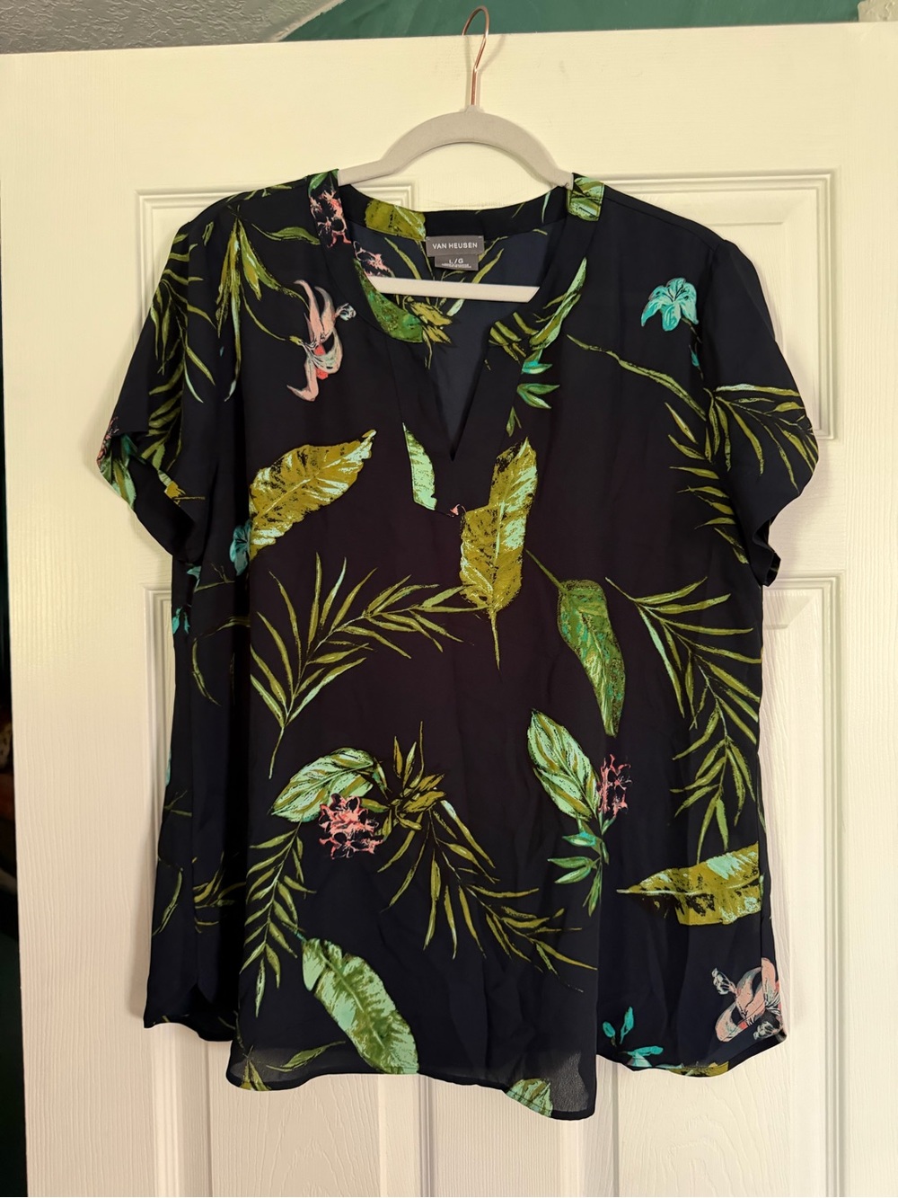 Van Heusen Black Tropical Leaf Short Sleeve V-Neck Blouse